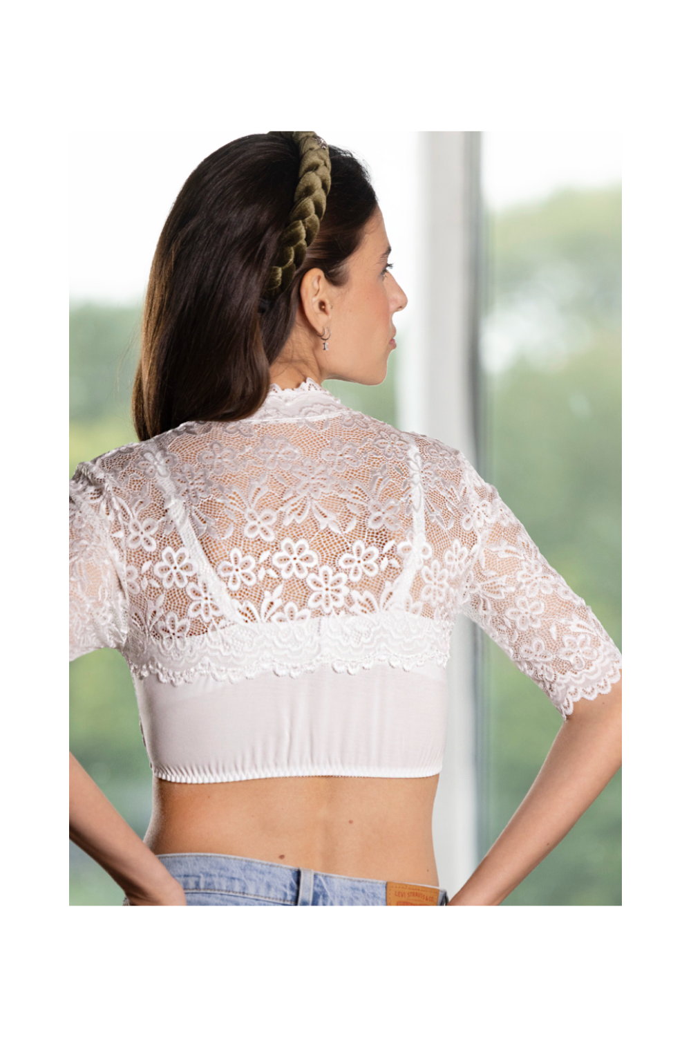 Nina v. C - Dirndl-Bluse Melina – Halbarm mit Spitze und Schnürung, Champagner