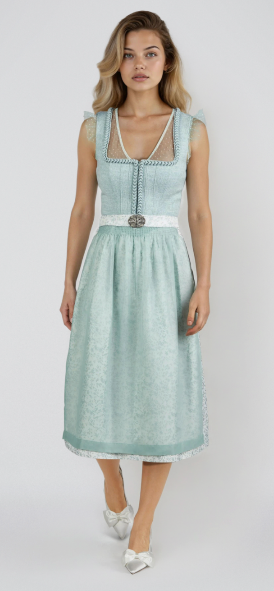 Spieth & Wensky Dirndl „Hala“ 70 cm – Türkis & Gelb | Elegantes Midi-Dirndl